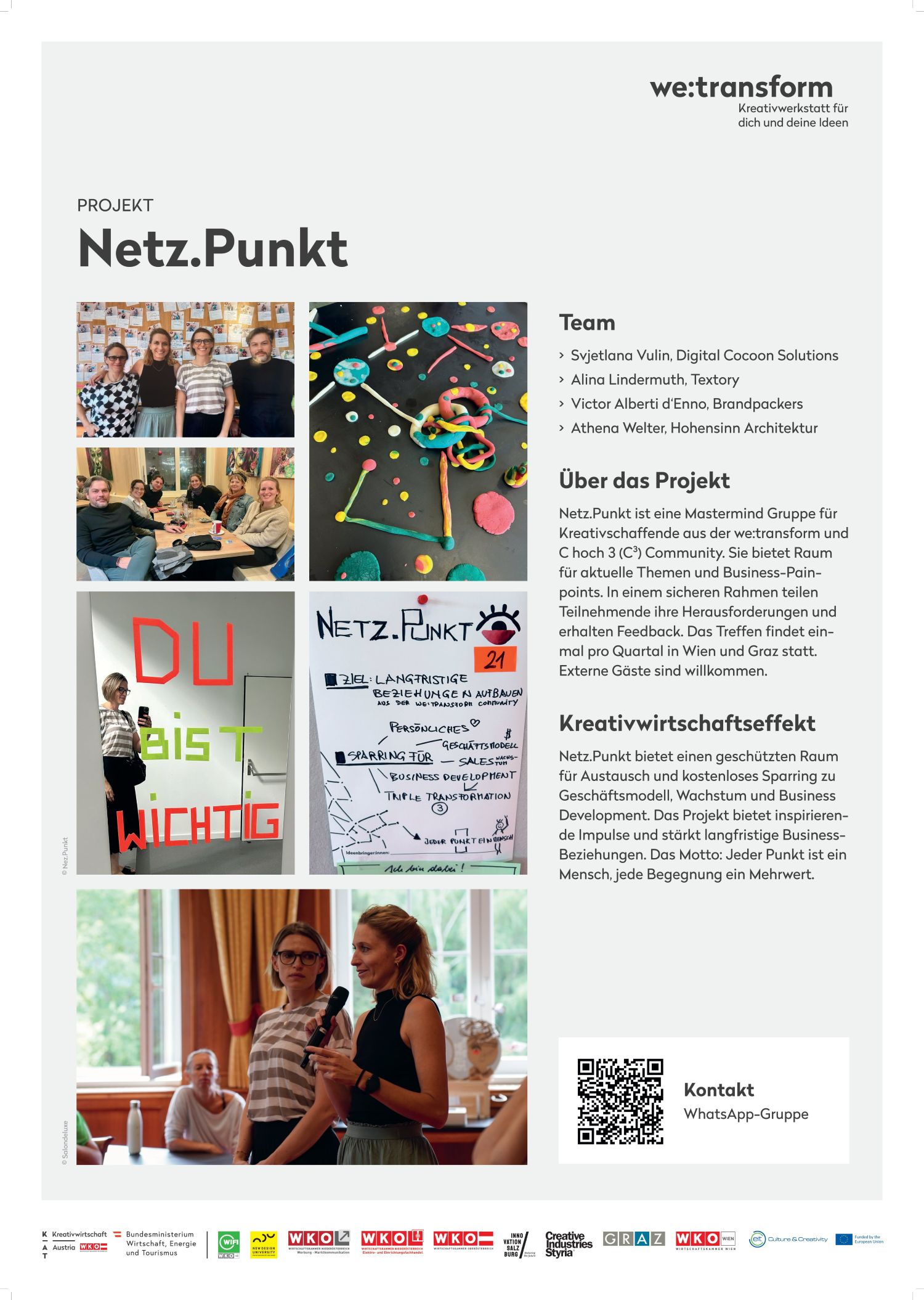 Poster for the "Netz.Punkt" project featuring team photos, colorful event images, a project description, and contact information. The focus is on creativity and networking. Text, logos, and the people featured are visible.