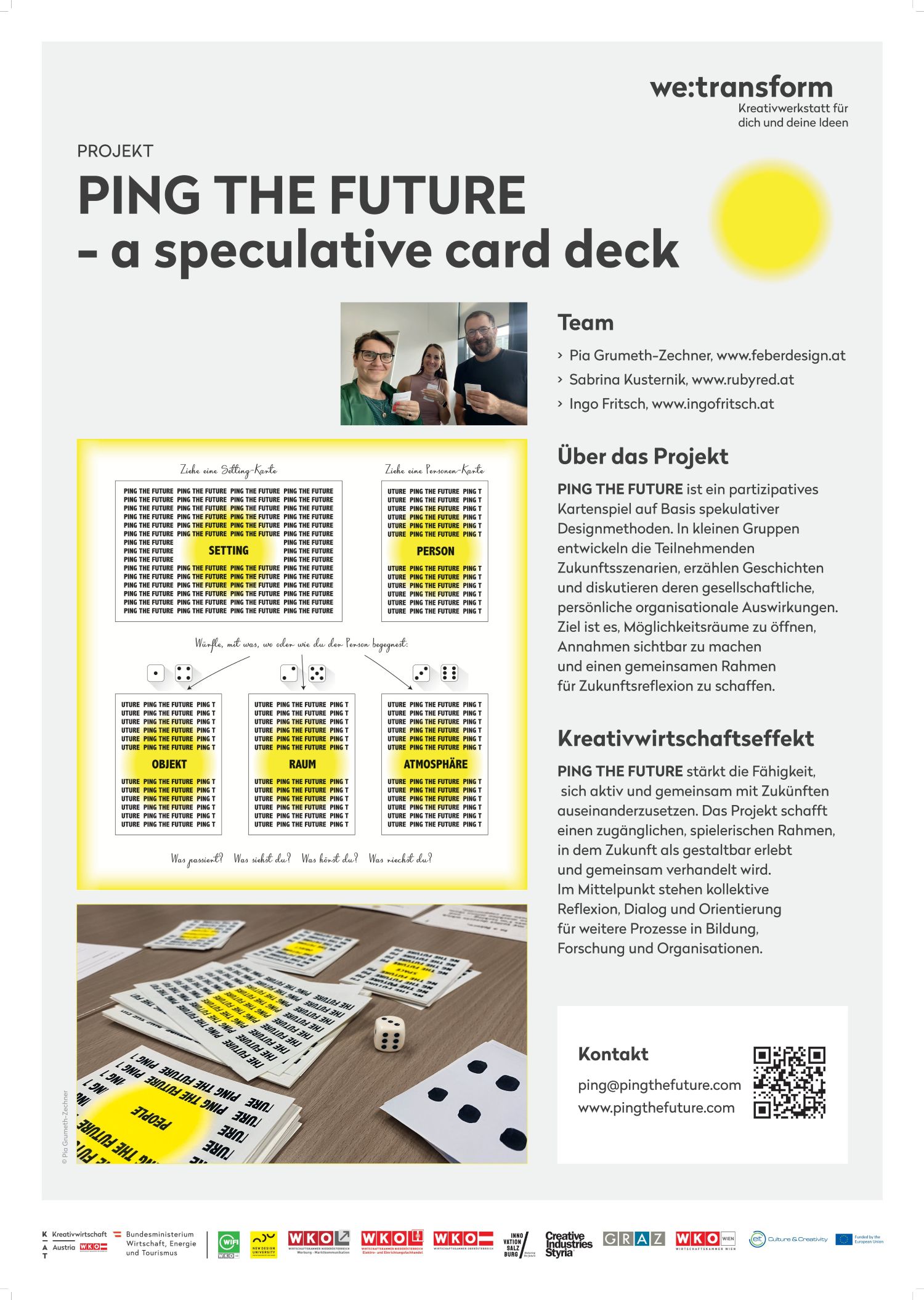 A poster for “PING THE FUTURE,” a speculative card game project. It shows the game setup, information about the project, team photos, a text in German, and, at the bottom, the logos of the supporting organizations.