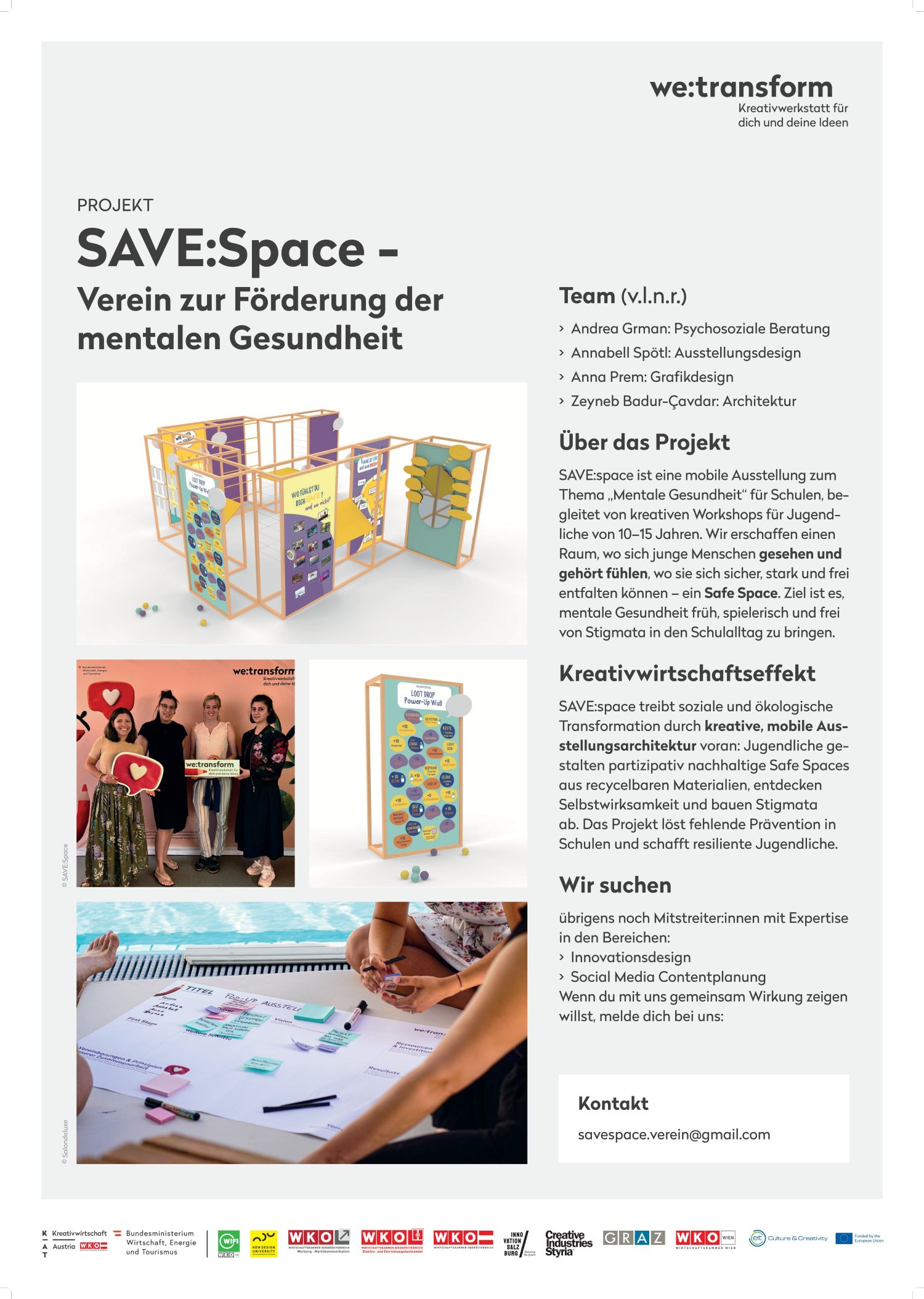 Poster for “SAVE:Space,” a project promoting mental health in schools, featuring information about the team, project details, creative workshops, photos of activities, and colorful mobile exhibits. Contact information is provided below.