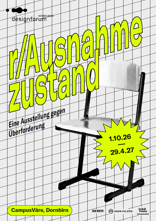 A metal chair stands against a grid-patterned background. The words “r/State of Emergency” are written there in bold yellow. Additional German text and dates are also visible, with “Festival zur Eröffnung der Zukunft (FEZ 26)” and “CampusVäre, Dornbirn” highlighted at the bottom, indicating that this is an event taking place as part of the Zukunft Festival.