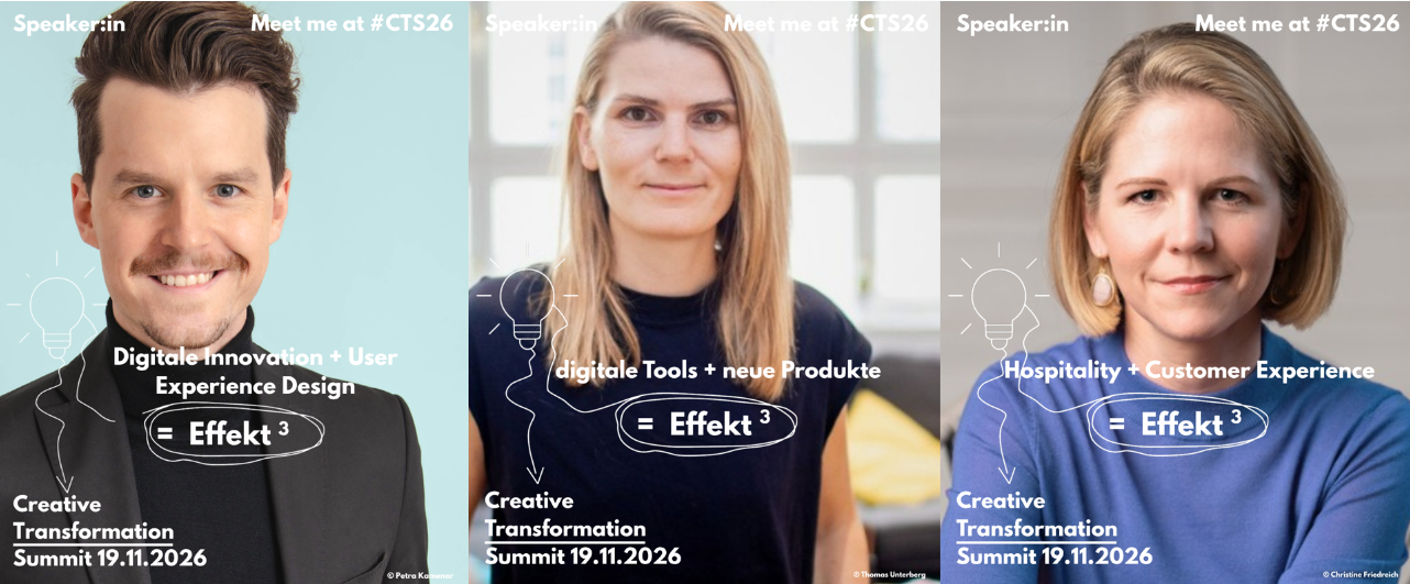 Drei Frauen sind in separaten professionellen Porträts abgebildet, wobei jede als Referentin des Creative Transformation Summit 2026 ausgewiesen ist. Dabei werden ihre kreative Expertise und für Unternehmen relevante Themen hervorgehoben, während Veranstaltungsdetails auf einem zartblauen Hintergrund eingeblendet sind.
