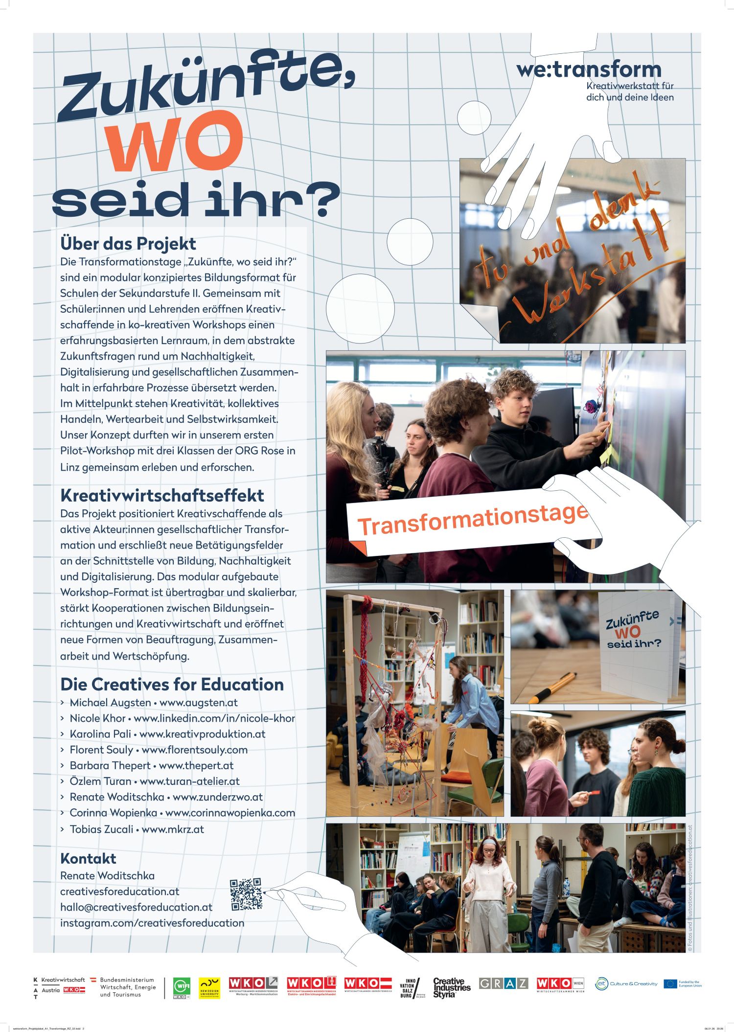 Poster for the educational project “Futures, Where Are You?” It features text, photos of students in workshops, group discussions, and creative activities, as well as colorful headlines and participant logos at the bottom.