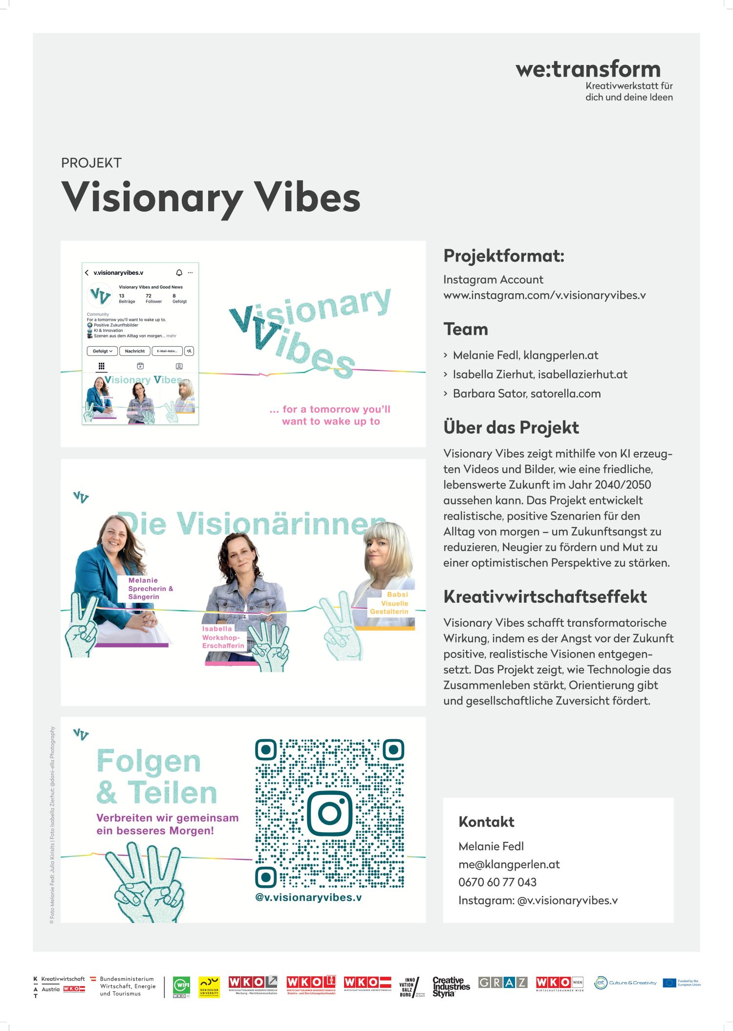 Poster for “Visionary Vibes” featuring project information, team photos, a QR code, links to social media, and a description. The design features blue and yellow accents, various symbols, and images of three women from the team.