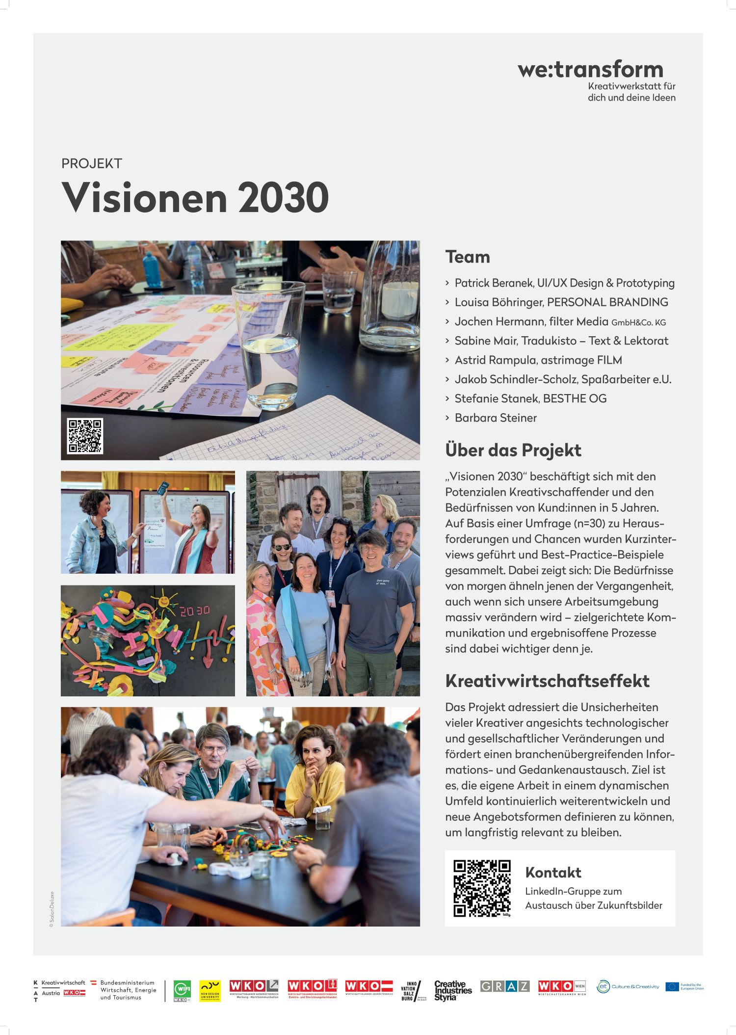 The poster for “Visions 2030” features team photos, a project description, and the goals in German, with logos at the bottom. Several people are working together at tables, writing on whiteboards, and participating in group discussions.