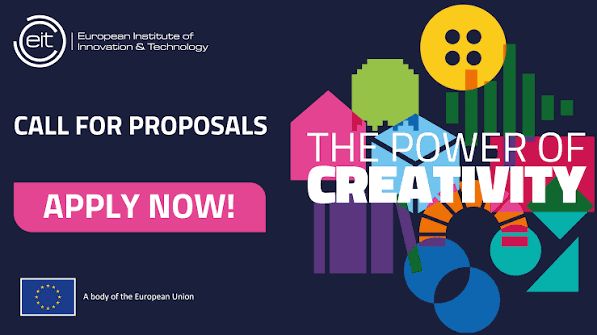 Grafik des Europäischen Instituts für Innovation und Technologie zu den Ausschreibungen von EIT Culture & Creativity mit dem Text The Power of Creativity und einer Schaltfläche Jetzt bewerben.