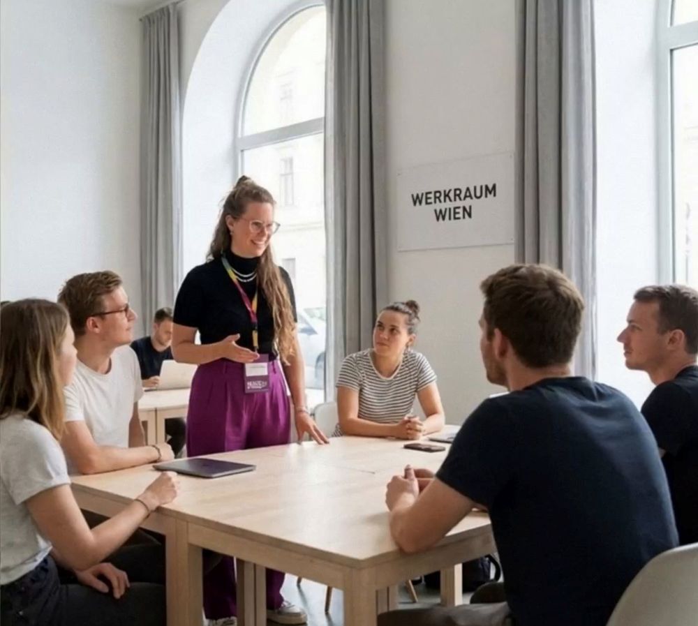 Magdalena Kim Novak leitet an einem Tisch mit vier Kollegen in einem Raum mit der Aufschrift WERKRAUM WIEN eine Besprechung und berichtet von ihren persönlichen Erfahrungen.